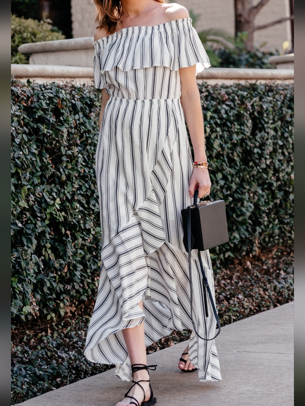 Almost famous dress off the shoulder crisscross back extra large striped…